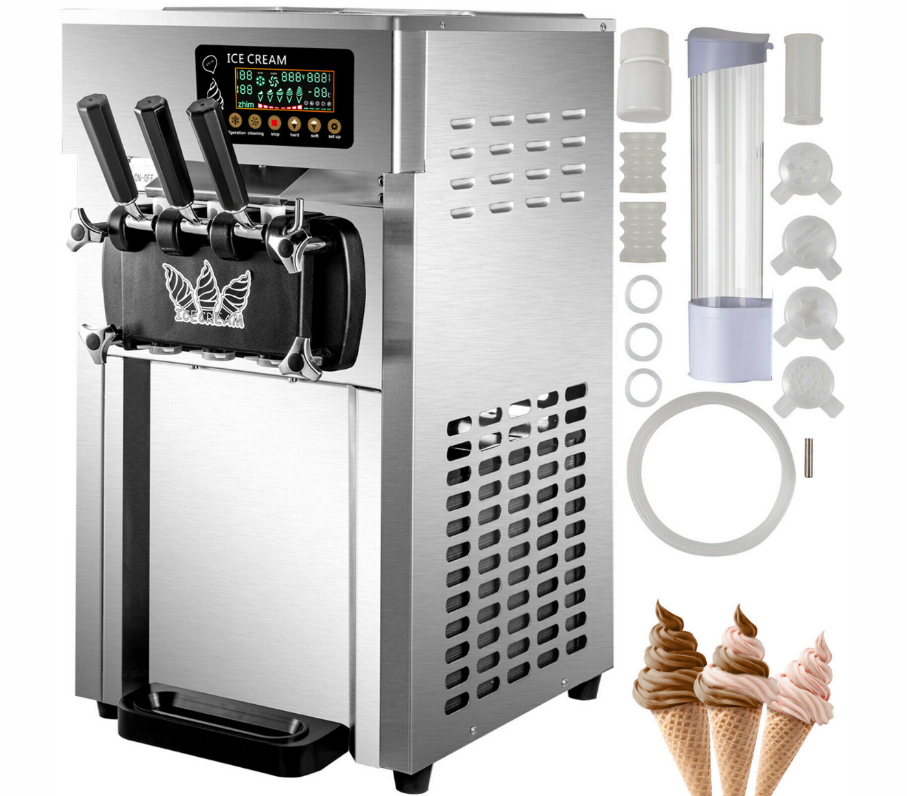 VEVOR Máquina para hacer helados comerciales VEVOR, máquina de servicio  suave para mostrador de 2 + 1 sabores, máquina para hacer helados  comerciales de 5 gal/h con dos tolvas de 3 L