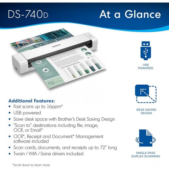 Escáner de documentos móvil compacto y a doble cara Brother DS-740D