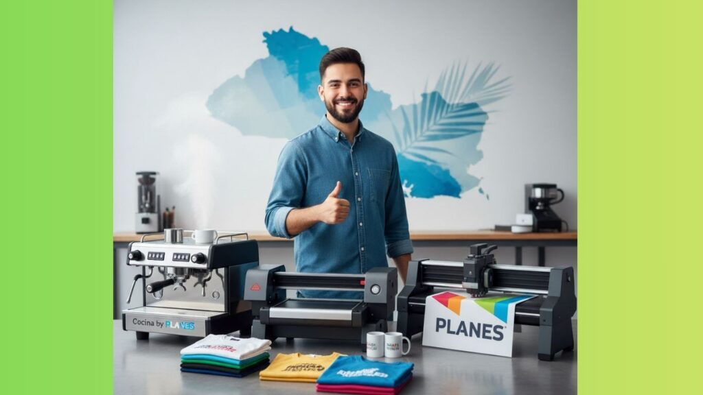 Emprendedor con máquinas rentables PLANES en El Salvador: cafetera industrial, plotter de corte, y kits de sublimación.
