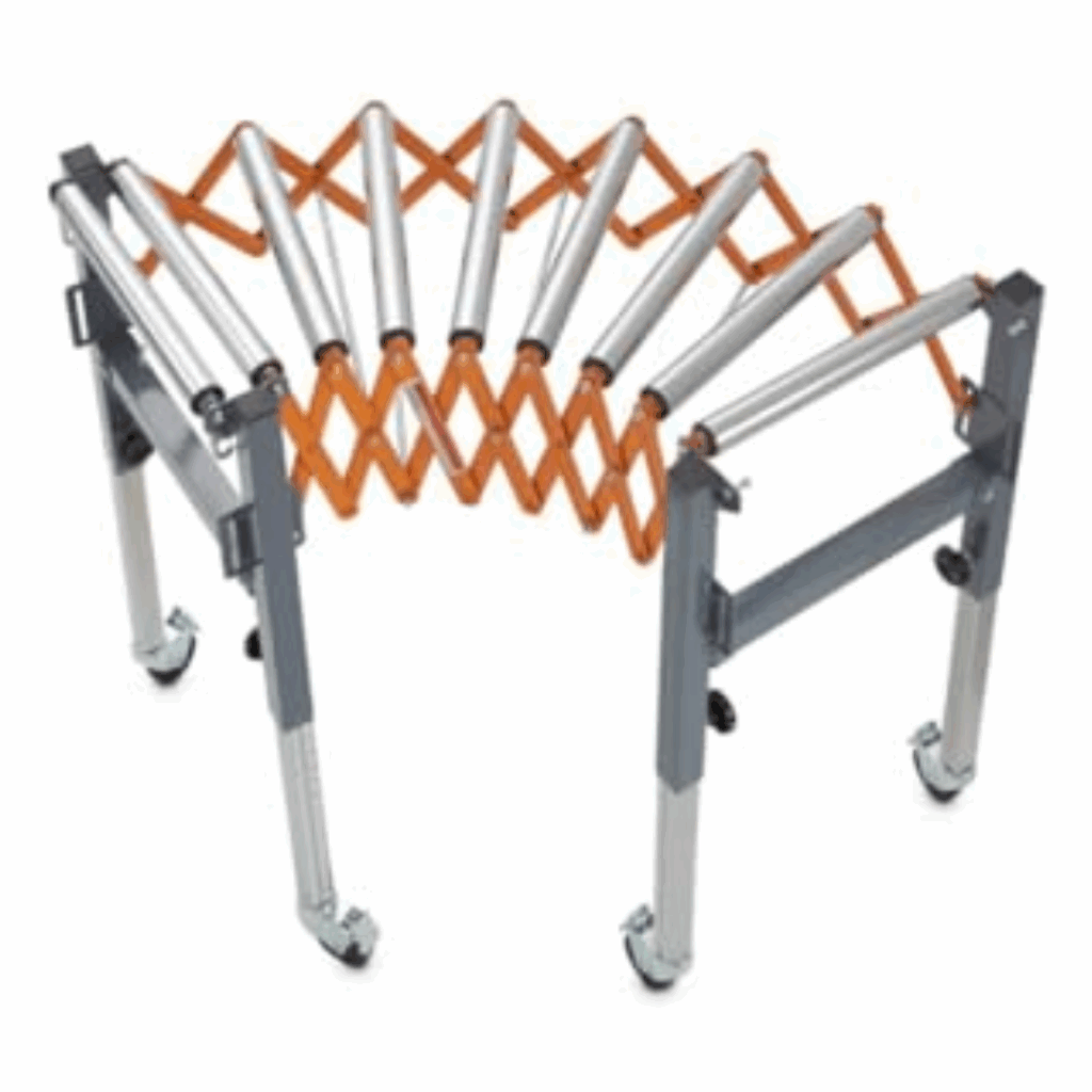 Mesa de rodillos transportadores por gravedad extensible y plegable PM-2700 de SHAPEFFI para manejo de carga en talleres de carpintería en El Salvador