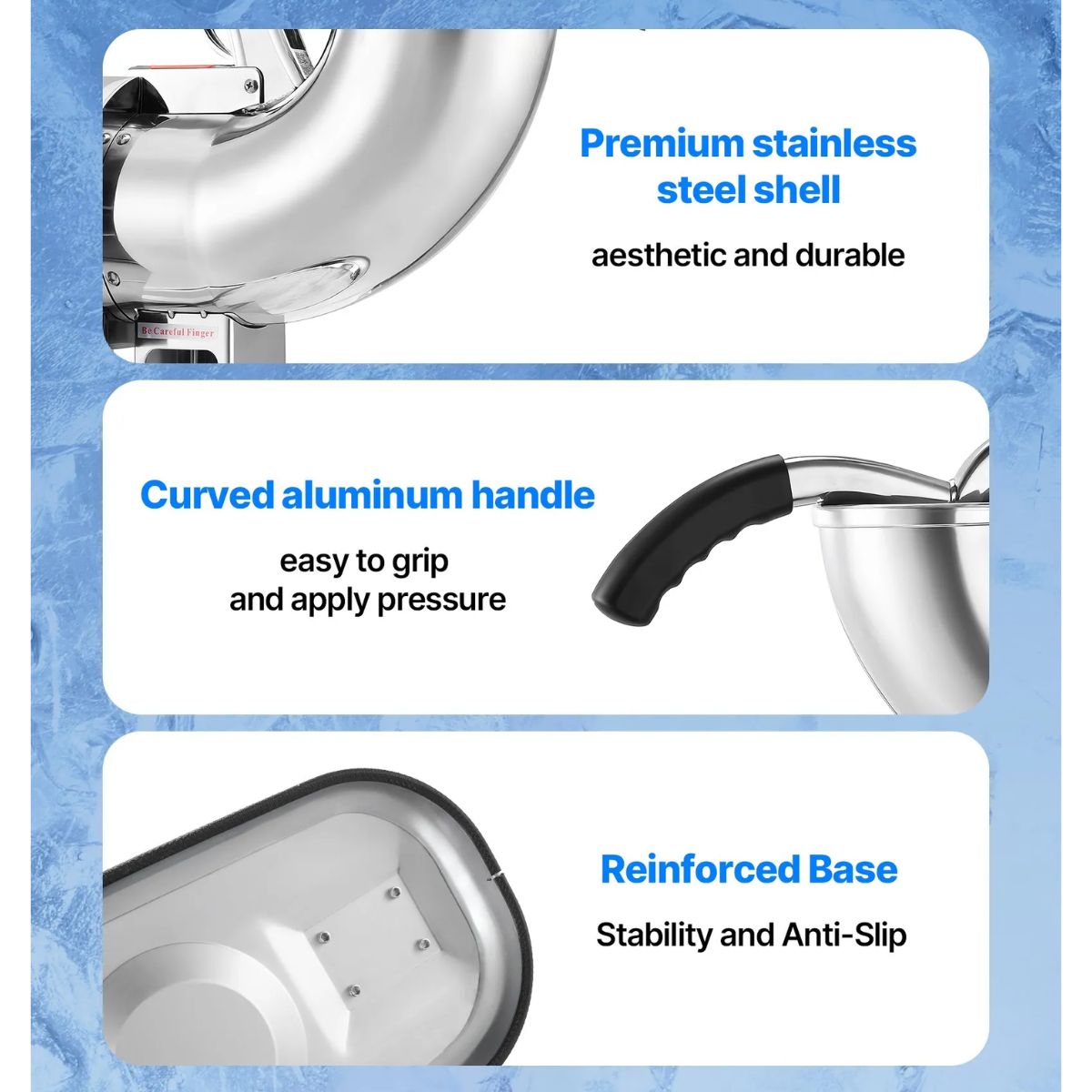 Base robusta con soportes antideslizantes. Estabilidad total durante el funcionamiento intensivo